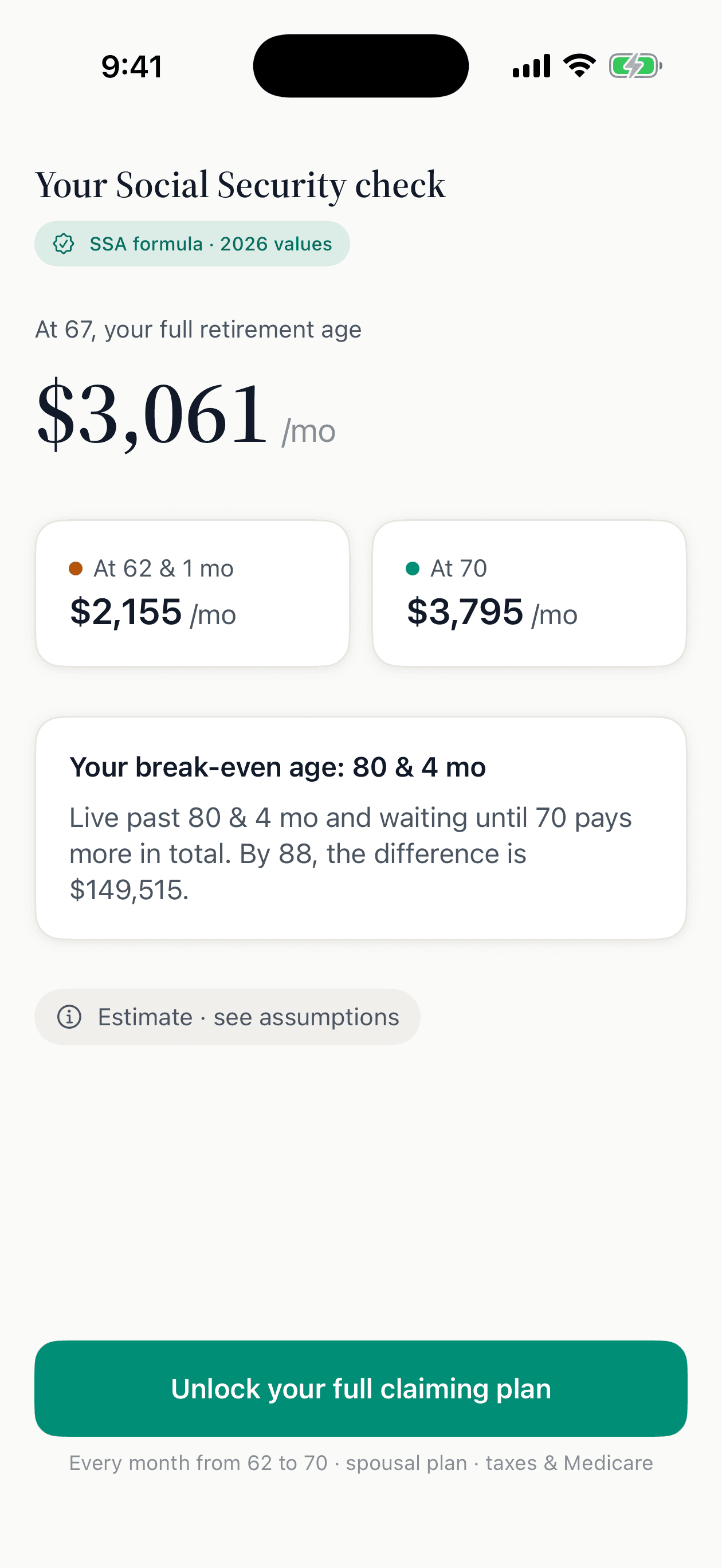 The Whenwise reveal screen showing an estimated monthly Social Security check at ages 62, 67, and 70